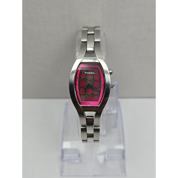 Rare Vintage Fossil Big Tic Pink Floral Animated Silver Womens Watch New Battery